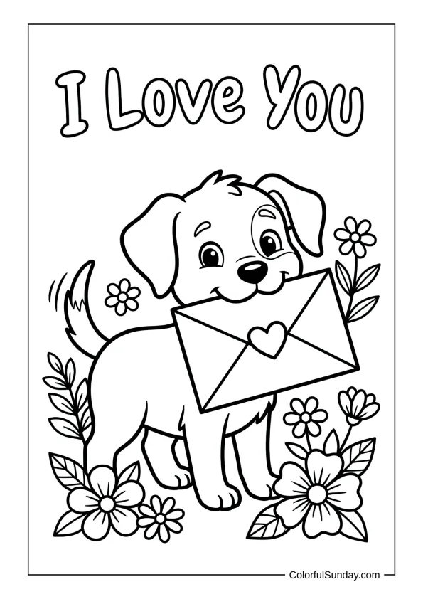 Happy puppy carrying a heart-sealed love letter through flowers in an I love you coloring page.