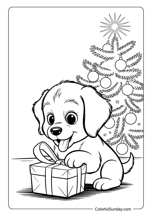 Adorable puppy sitting beside a Christmas tree with a wrapped gift in a joyful holiday coloring page.