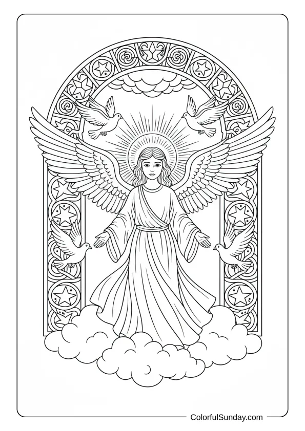 A radiant angel coloring page beneath a celestial arch with doves flying around gracefully overhead.
