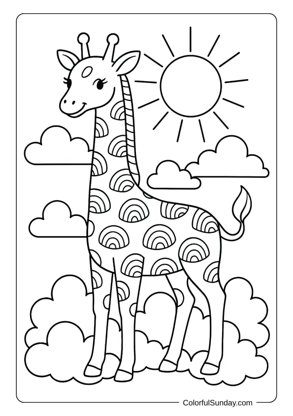 A magical rainbow giraffe with pattern spots standing among clouds and sunshine, whimsical coloring page for kids.
