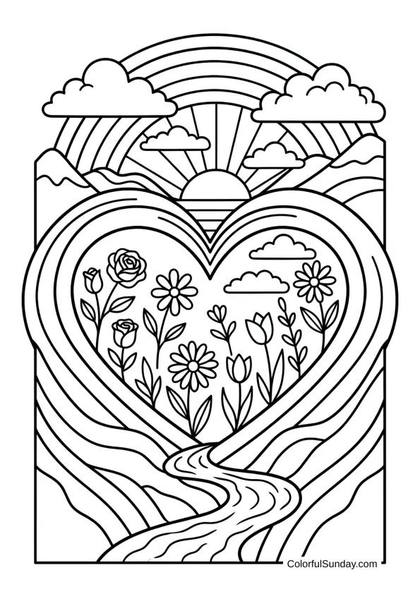 heart landscape scene in a coloring page