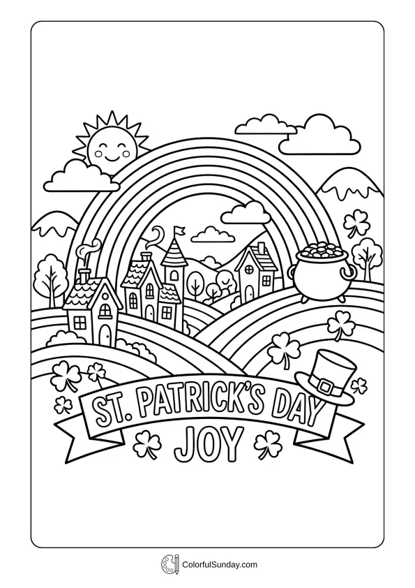 A bright rainbow landscape brings joy in this St. Patrick’s Day themed coloring page.