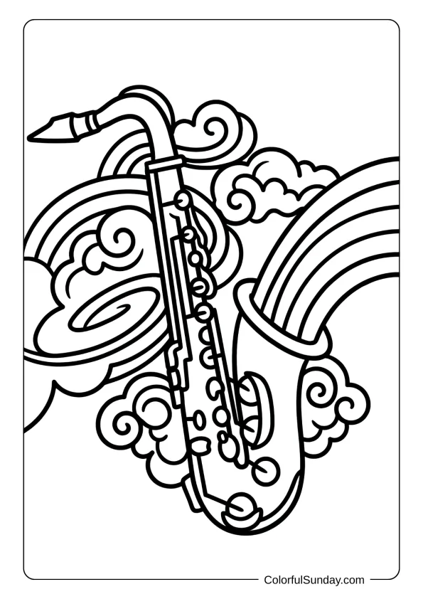 A saxophone coloring page with rainbow and cloud decorations flowing around it whimsically coloring page.