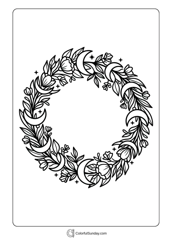 Beautiful floral wreath with crescents celebrating Ramadan blessings coloring picture