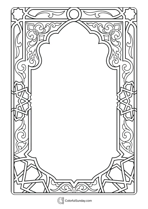 Ornamental border frame with Islamic patterns for Ramadan blessings coloring page