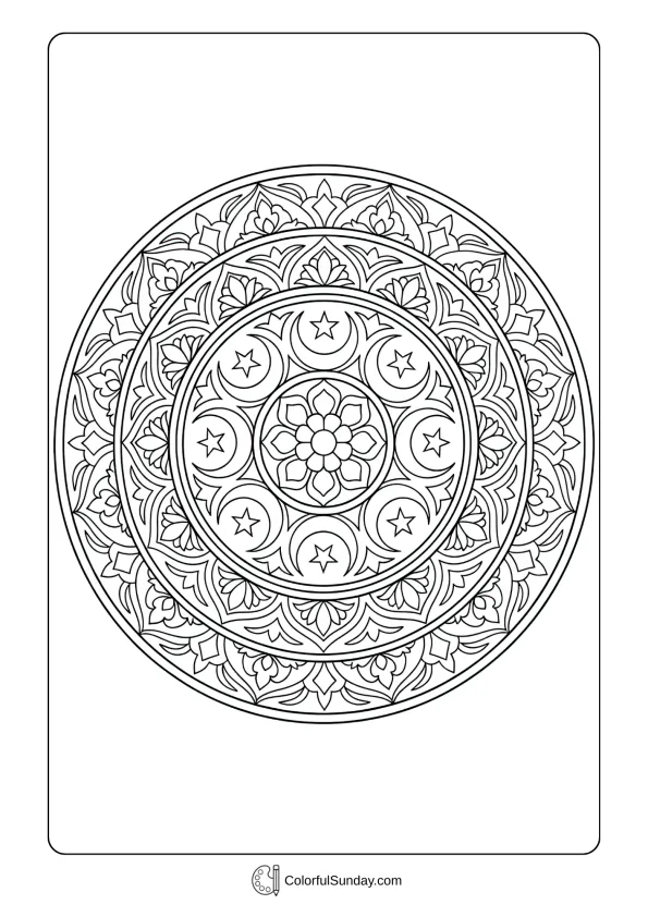 Intricate mandala with crescent moons and stars for Ramadan coloring picture