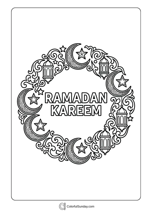 Decorative circular wreath with crescents and stars for Ramadan Kareem coloring page