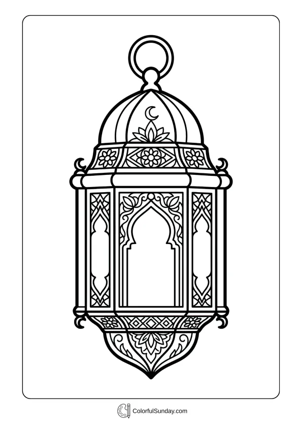 Ornate traditional lantern with intricate patterns in Ramadan coloring page