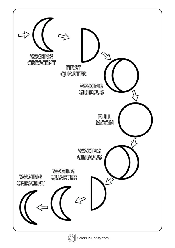 Educational moon cycle showing phases throughout Ramadan holy month coloring page