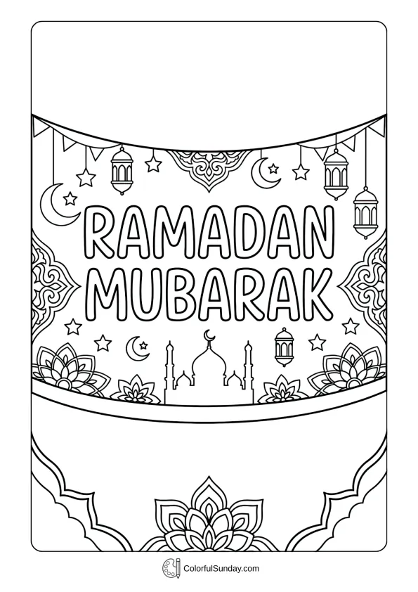 Cheerful Ramadan Mubarak banner coloring page with festive celebration elements