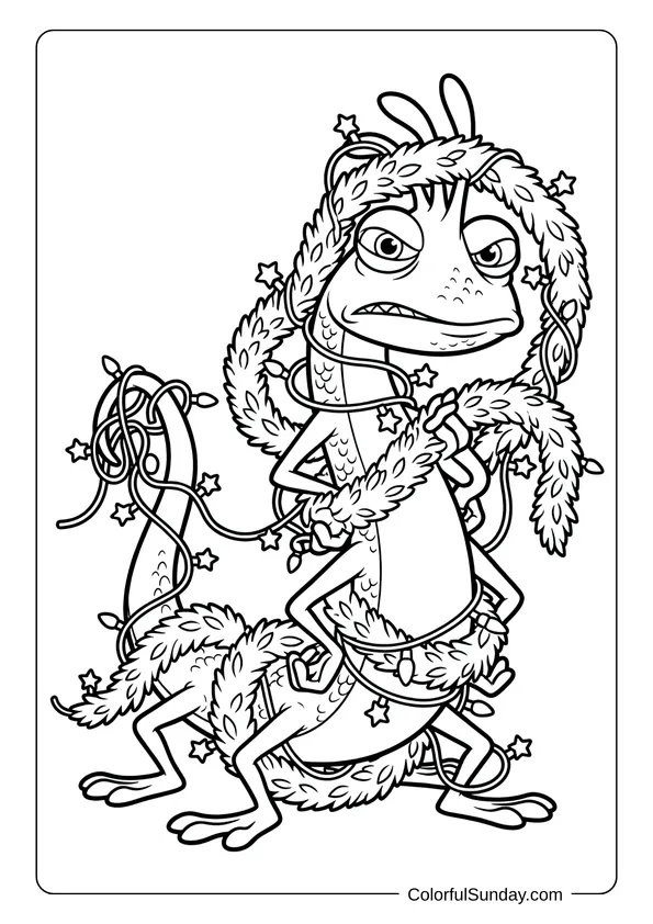A Disney Christmas scene in a coloring page with Randall Boggs tangled in festive garlands and string lights.