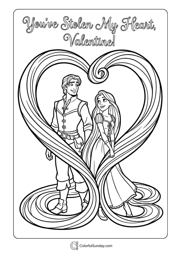 Rapunzel and Flynn Rider stand together with the phrase 'You've Stolen My Heart, Valentine!' on a Valentine's Day coloring page.