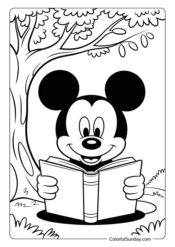 Reading a big book under a tree, Mickey Mouse appears in this peaceful coloring page.