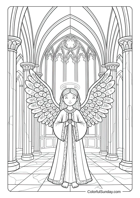 A realistic angel coloring sheet inside a grand cathedral with large wings and arched windows.