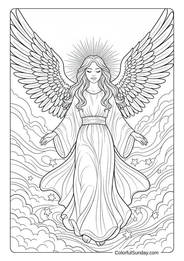 A realistic divine angel coloring page with flowing hair and majestic wings standing in heavenly light.