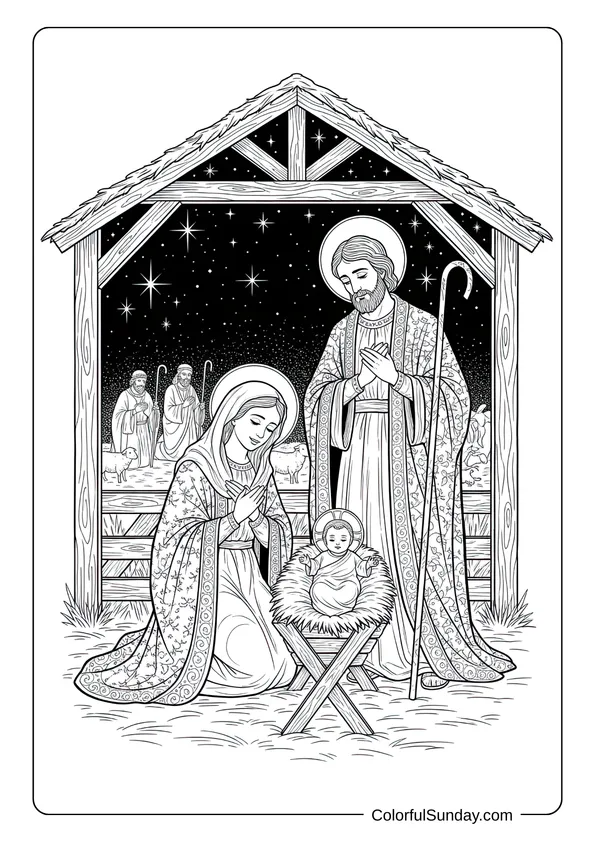A realistic nativity coloring page to color with detailed holy family and starry background.