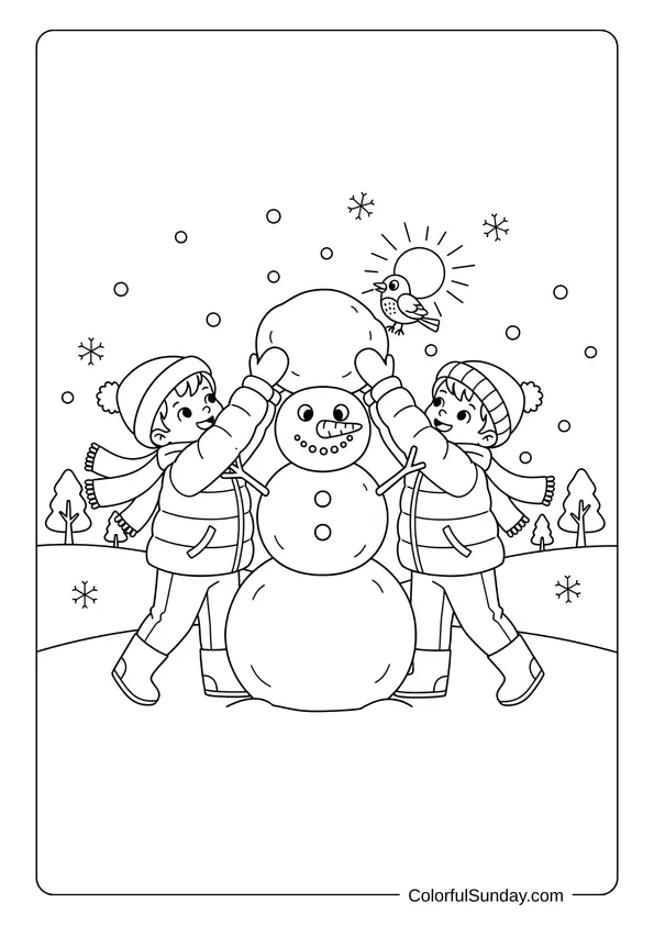 A realistic snowman coloring page showing kids building a detailed winter snow figure.