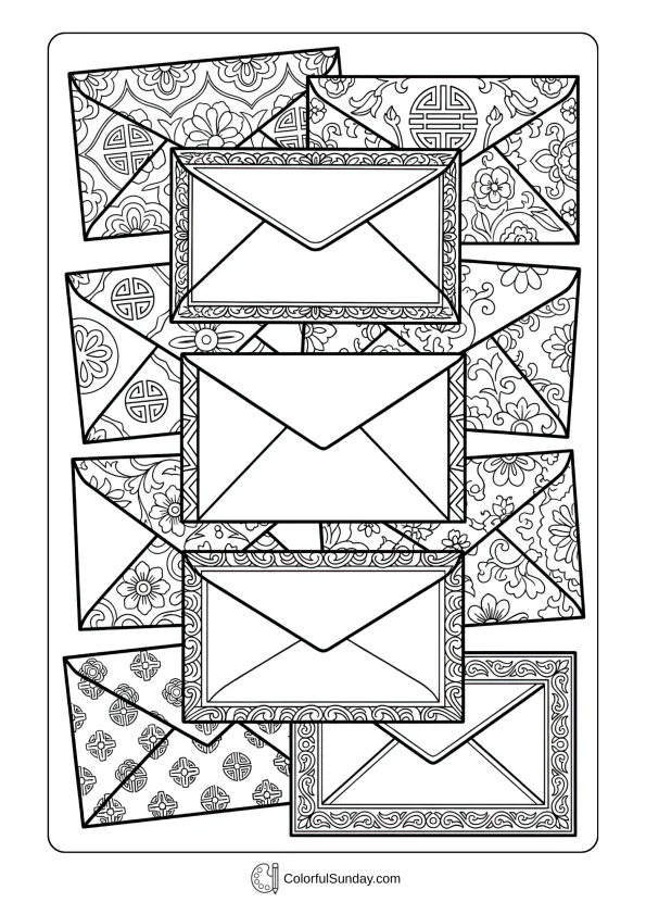 Lucky red envelopes with intricate Chinese New Year designs coloring picture