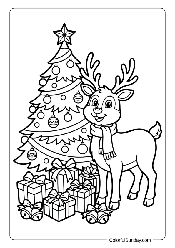 Friendly reindeer standing beside a Christmas tree with wrapped gifts and bells nearby coloring page