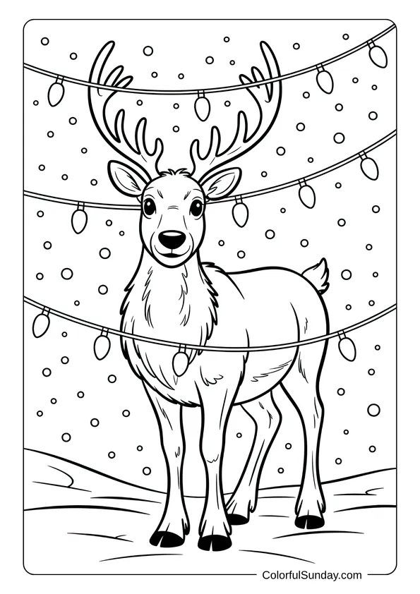 Reindeer standing in the snow with string lights hanging above its antlers in a Christmas coloring page.