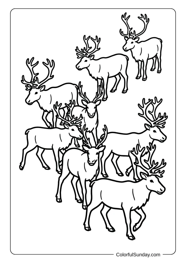 A group of reindeer walking together across snowy plains coloring page in formation.