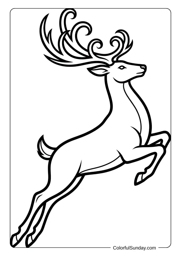 A dynamic reindeer mid-leap coloring picture showing strength grace and flowing movement.