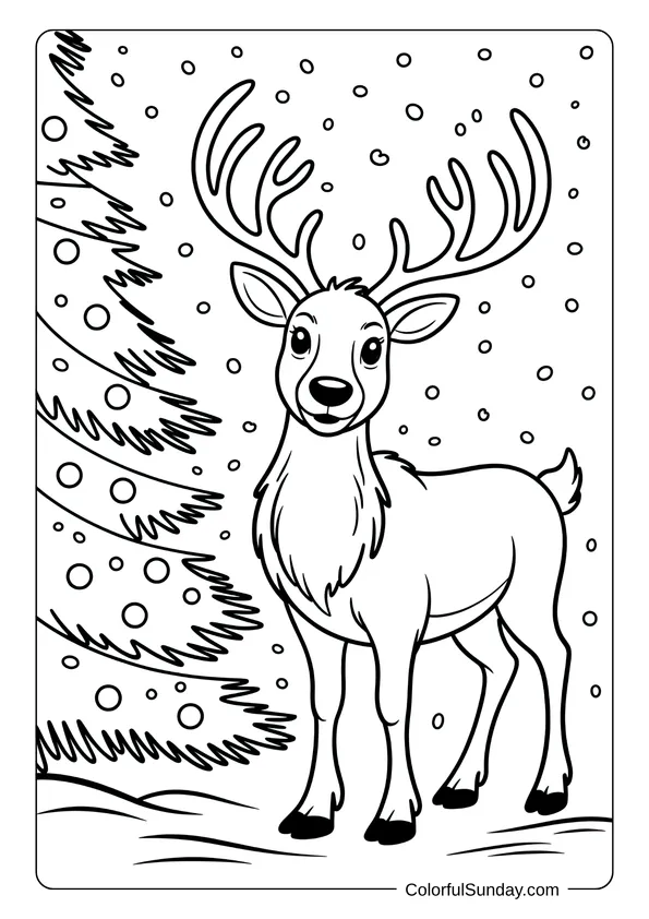 A reindeer standing proudly beside a Christmas tree during snowfall, drawn in a festive holiday coloring page.