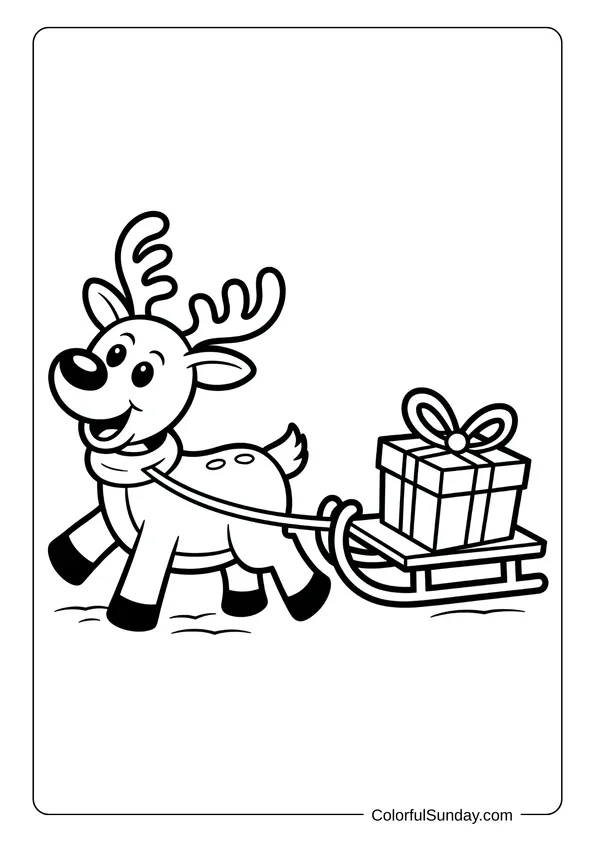 A cheerful reindeer pulls a sleigh carrying a Christmas present, in a fun winter coloring page.