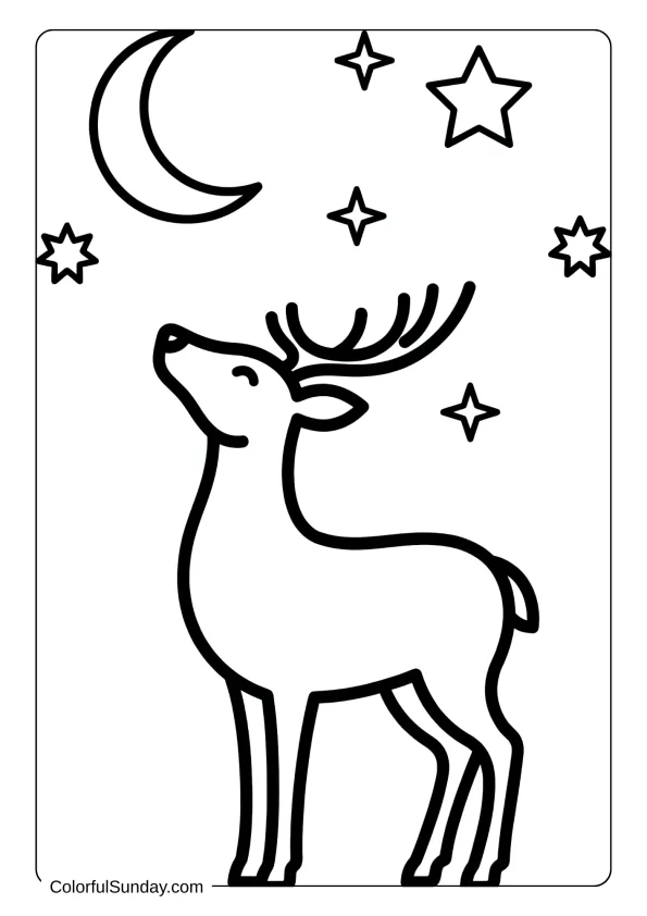 A reindeer gazing upward at night sky coloring page filled with stars and moon.