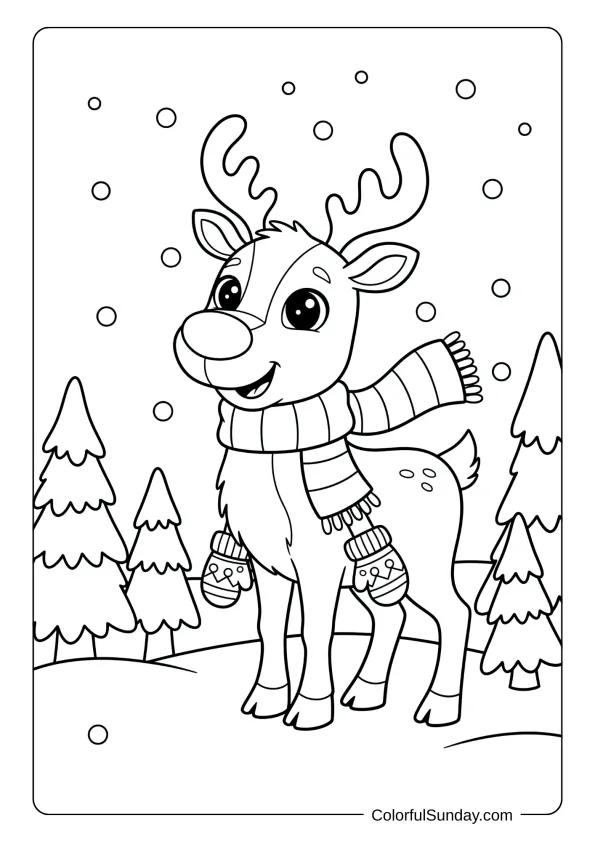 Mittens coloring page showing a reindeer wearing mittens in a snowy forest.