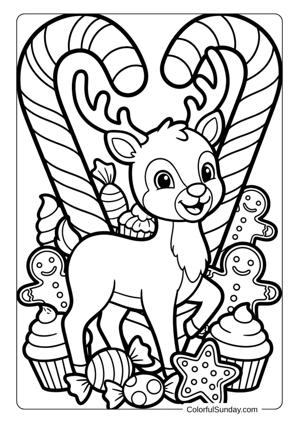 A sweet reindeer surrounded by oversized candy canes coloring picture and festive treats.