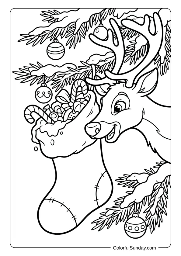 A playful reindeer coloring page peeking into a Christmas stocking hanging from snowy tree branches