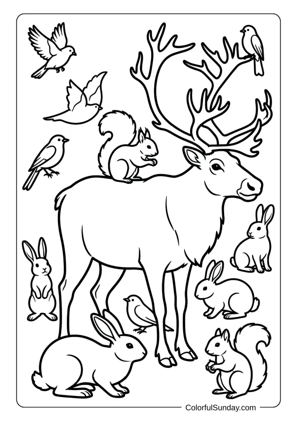 A reindeer surrounded by woodland friends coloring page including rabbits squirrels and birds.