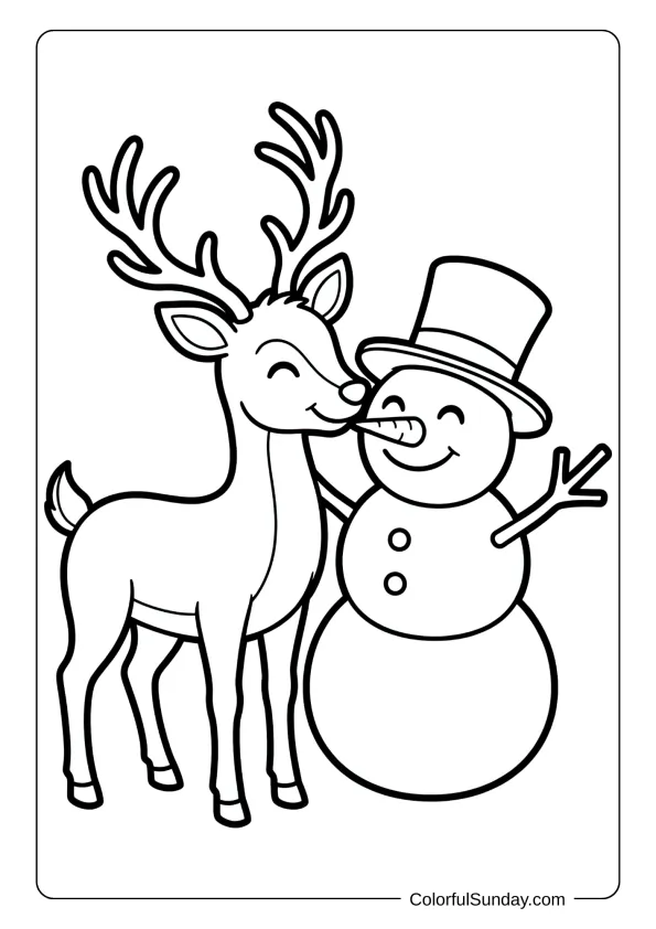 A friendly reindeer nuzzling a jolly snowman coloring page with a carrot nose.