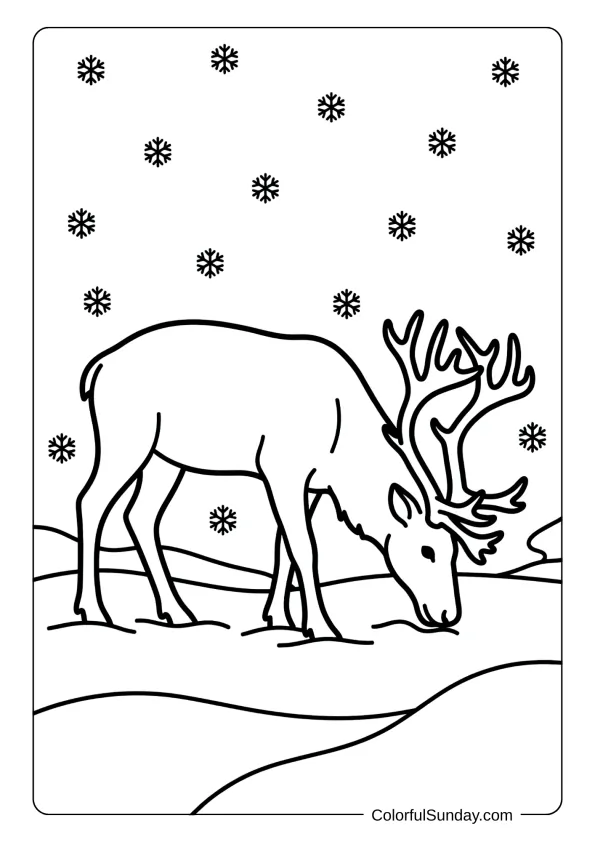 A peaceful reindeer grazing in meadow coloring page with snowdrifts and scattered snowflakes.