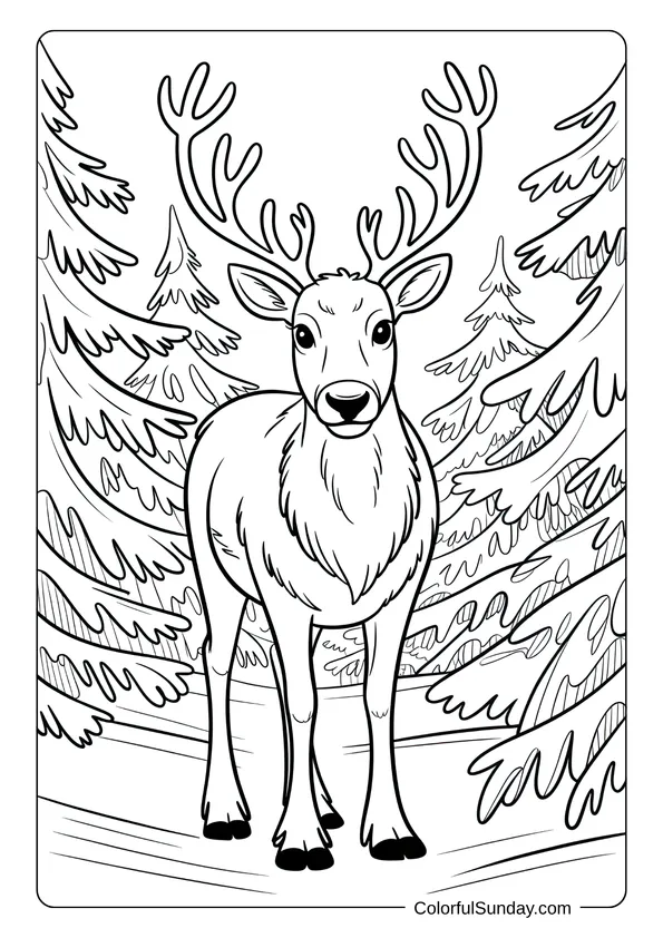 A reindeer standing among snowy pine trees in a peaceful winter forest scene, drawn for a Christmas coloring page.
