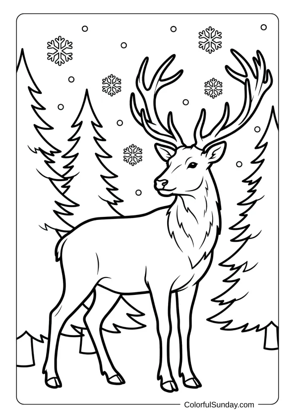 A majestic reindeer standing among tall pine trees coloring page with snowflakes falling gently.