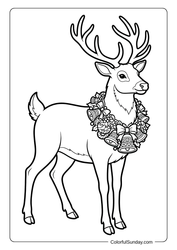 A festive reindeer wearing an ornate collar coloring page decorated with jingling bells.