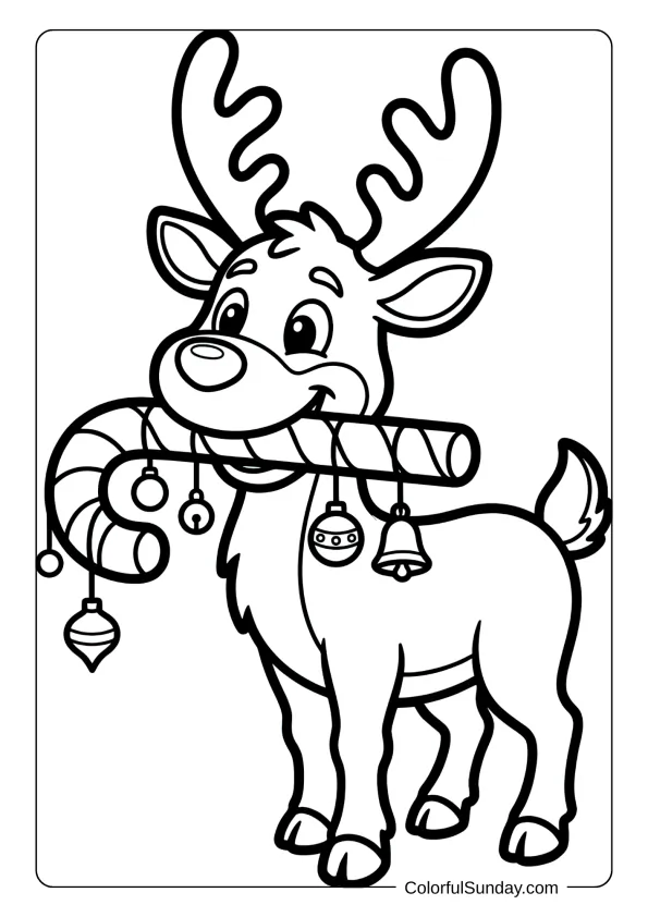 A cheerful reindeer holding a giant candy cane coloring page with festive ornaments around it.