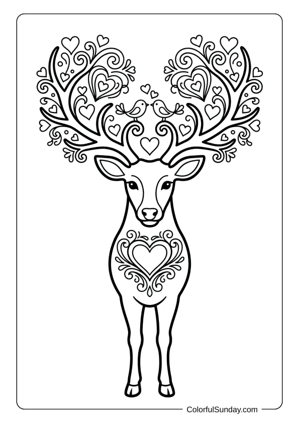 A lovely reindeer decorated with hearts swirls coloring page and romantic design elements.