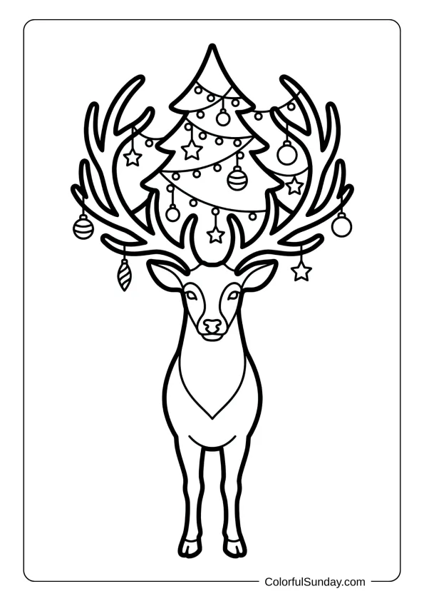 A creative reindeer whose antlers are decorated coloring page like a festive tree.
