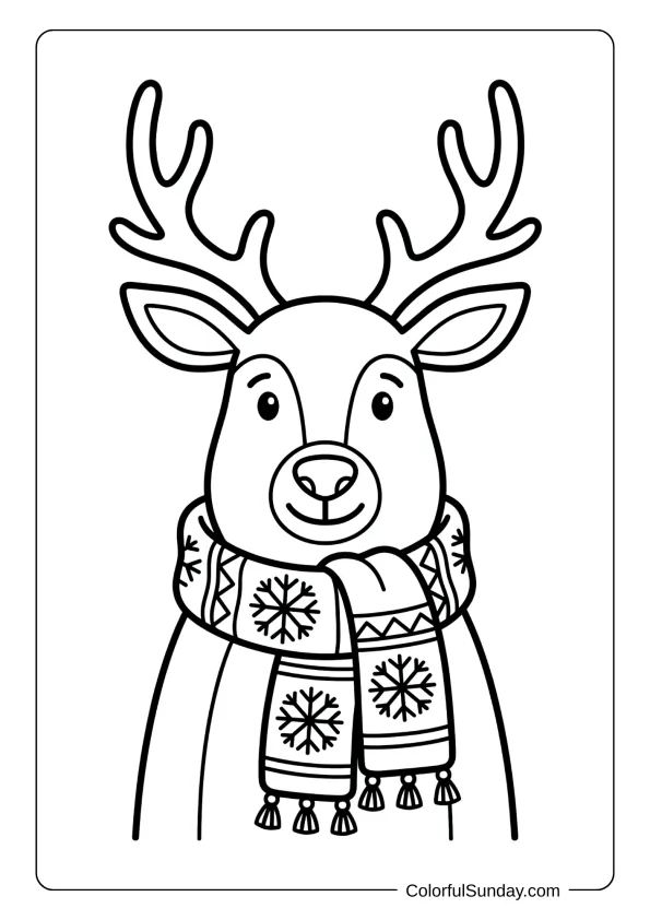 A cozy reindeer wearing a patterned scarf coloring picture with tassels and winter details.