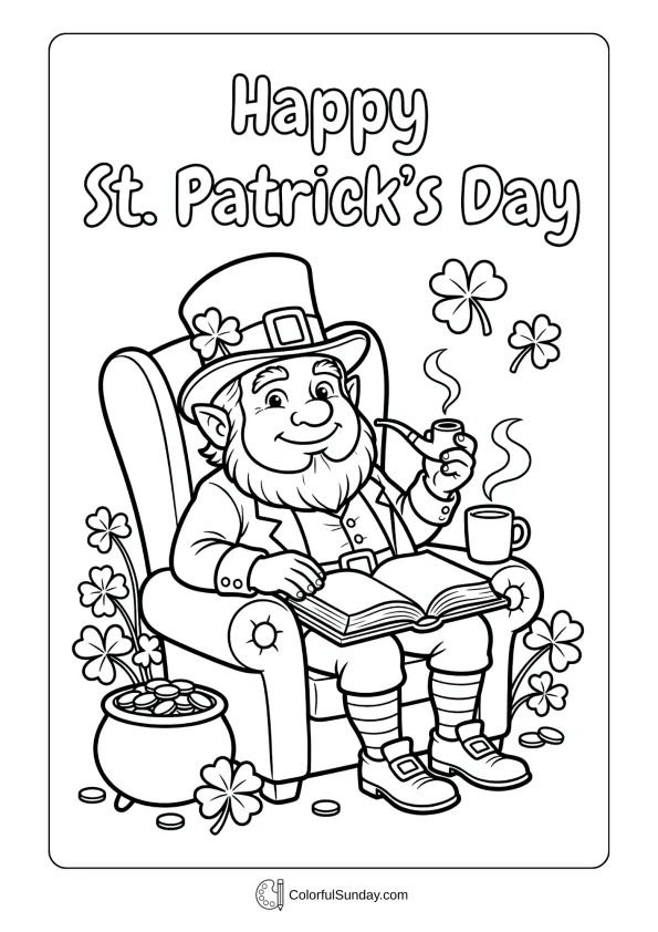 Coloring page illustration of a calm leprechaun resting during quiet St. Patrick’s Day moments.