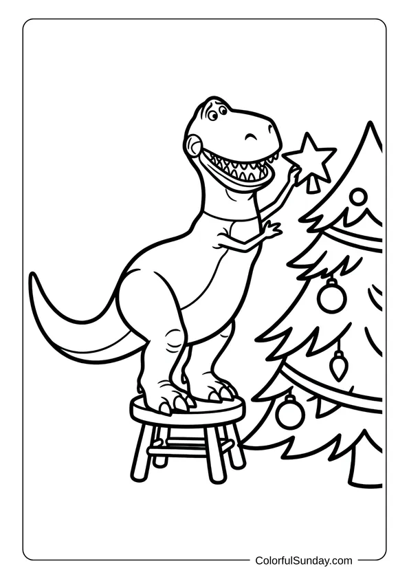A coloring page showing Rex from Toy Story carefully placing star on top of tree for Disney Christmas.