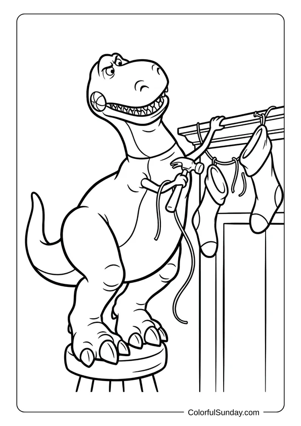 Rex the dinosaur hangs stockings and garland during Disney Christmas in a Toy Story coloring page