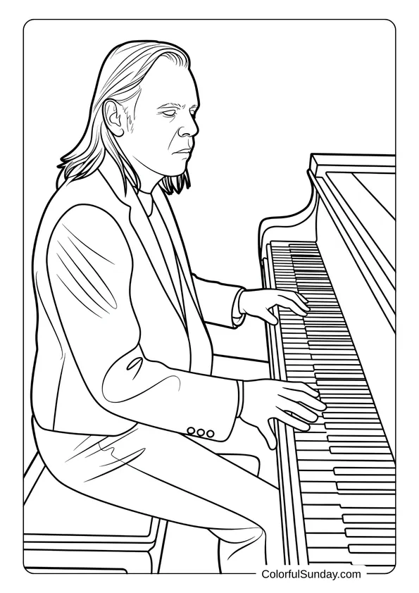 Pokemon Badges And Logo Coloring Page Portrait of Rick Wakeman playing the piano, created in a detailed coloring page drawing.