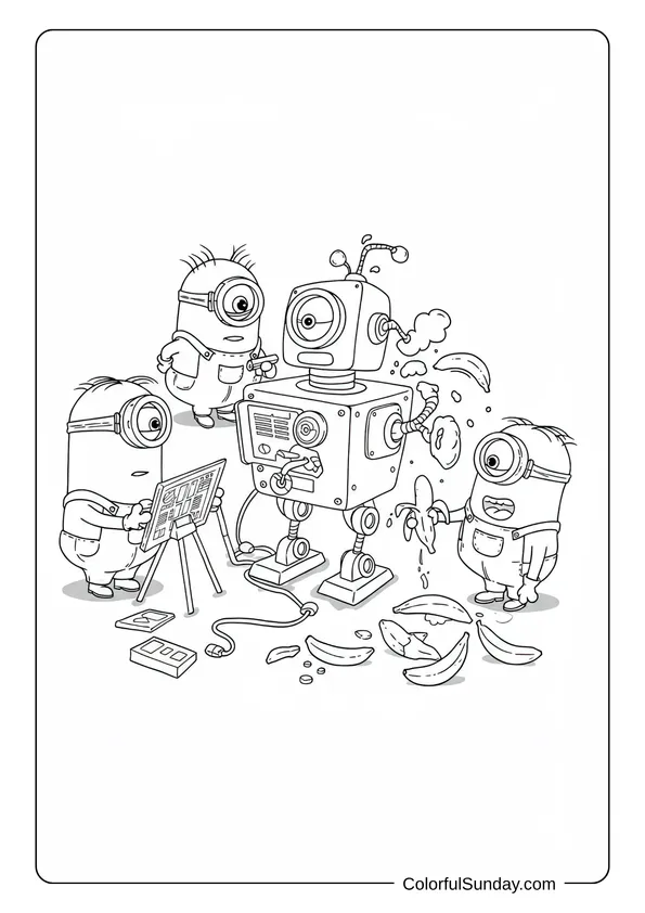 Minions testing a robot helper surrounded by broken banana pieces in an inventive lab coloring page.