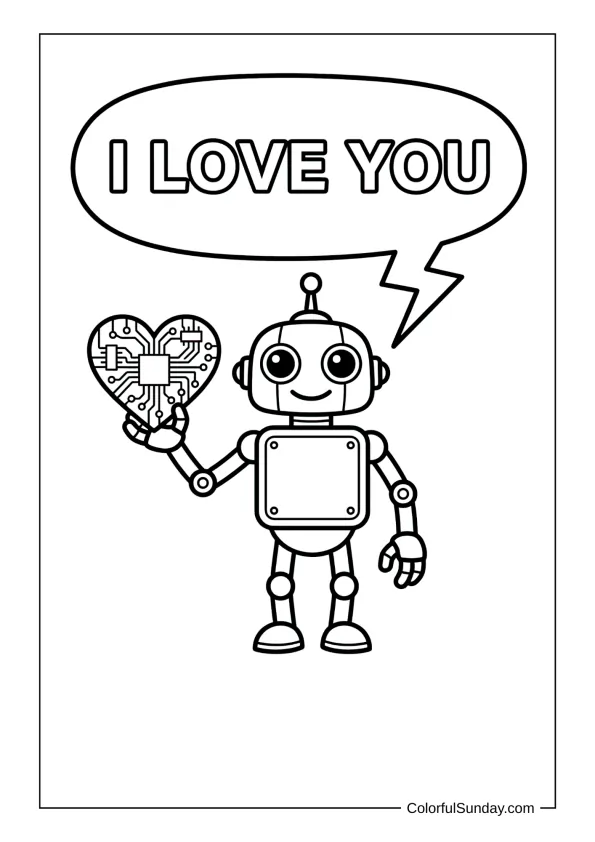 Cute robot offering a heart-shaped circuit board and saying I love you in a fun coloring page.