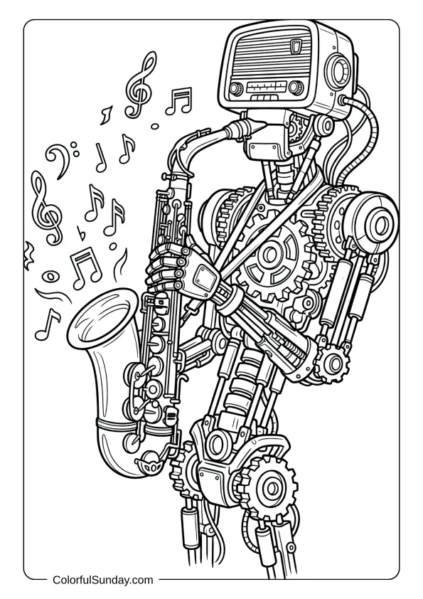 A robot coloring page with mechanical parts playing a saxophone with music notes around coloring page.