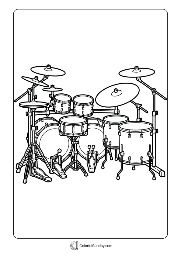 A coloring page featuring powerful drum kit with double bass pedals and extended cymbal setup arrangement